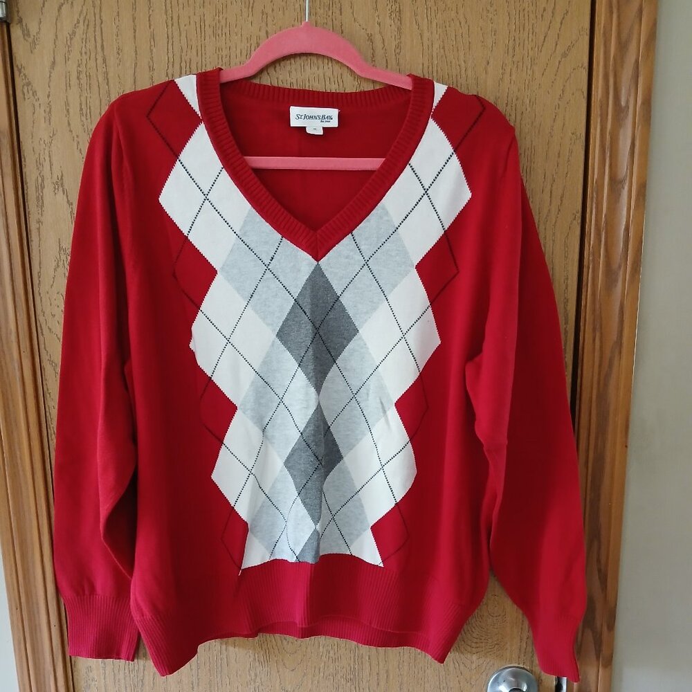 St Johns Bay Red Argyle Crew Sweater